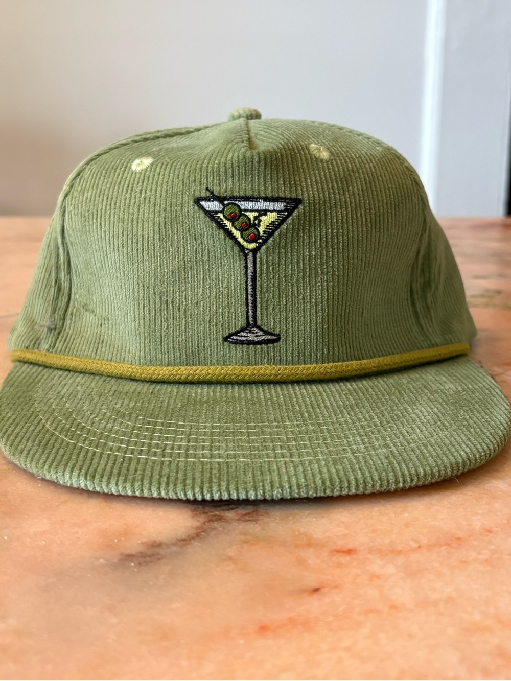 Snag Corduroy Olive Green Martini Embroidered Baseball Cap NWT